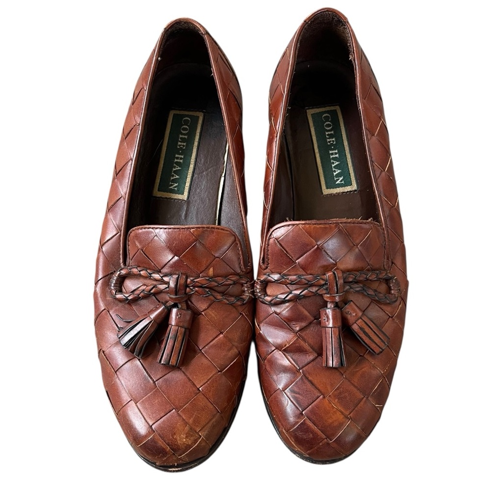 Cole Haan Brown Woven Leather Tassel Loafers